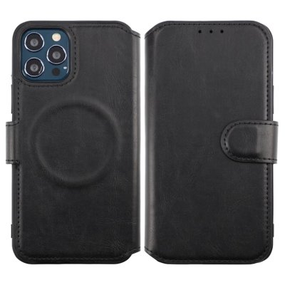 RV iPhone 12 / 12 Pro TPU Läderfodral Ställ Minificka - Svart