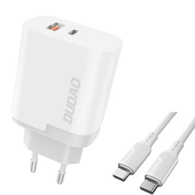Dudao A6XSEUT 22.5W PD QC 3.0 Adapter med USB-C/USB-C Kabel - Vit