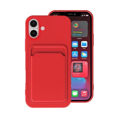 iPhone 16 Mobilskal Silikon med Korthållare - Röd