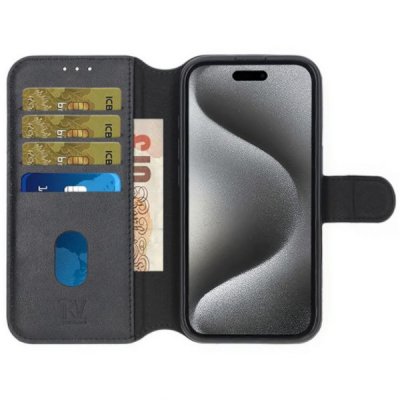 iPhone 16 Pro Plånboksfodral Äkta Läder RV - Svart