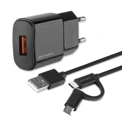 Snabb Väggladdare 18W med ComboCord Kabel - Svart