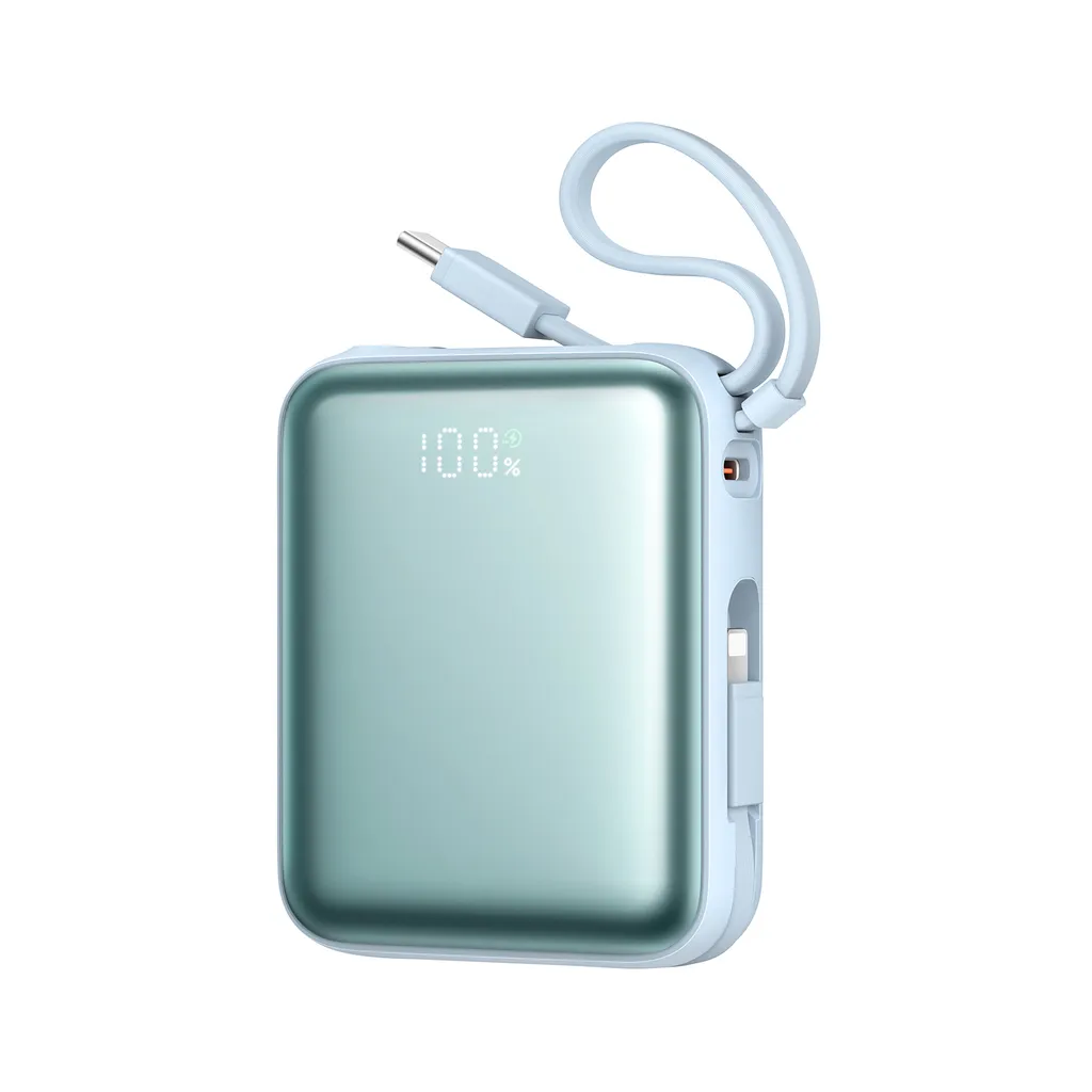 Joyroom powerbank 10000 mAh, 22,5 W, inbyggd USB-C och Lightning, blå