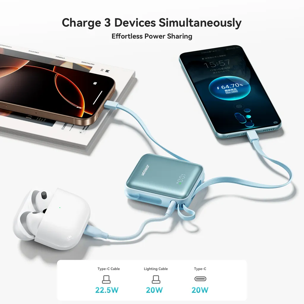 Joyroom powerbank 10000 mAh, 22,5 W, inbyggd USB-C och Lightning, blå, bild 5