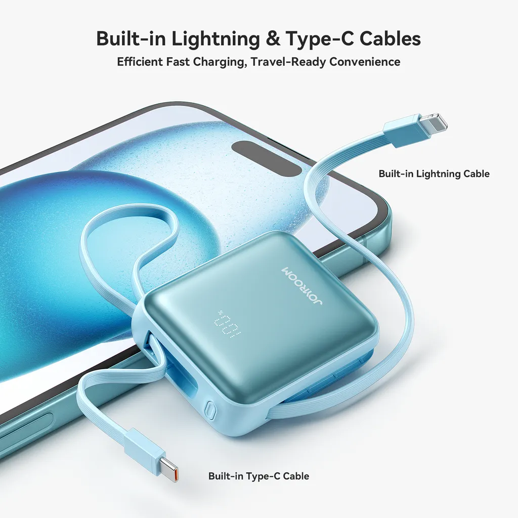 Joyroom powerbank 10000 mAh, 22,5 W, inbyggd USB-C och Lightning, blå, bild 6