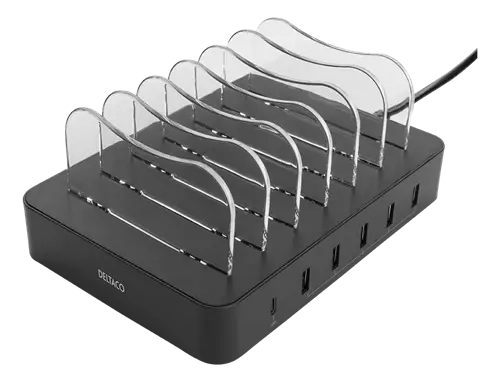 Deltaco laddstation med 5 USB-A och 1 USB-C PD, 50 W, svart