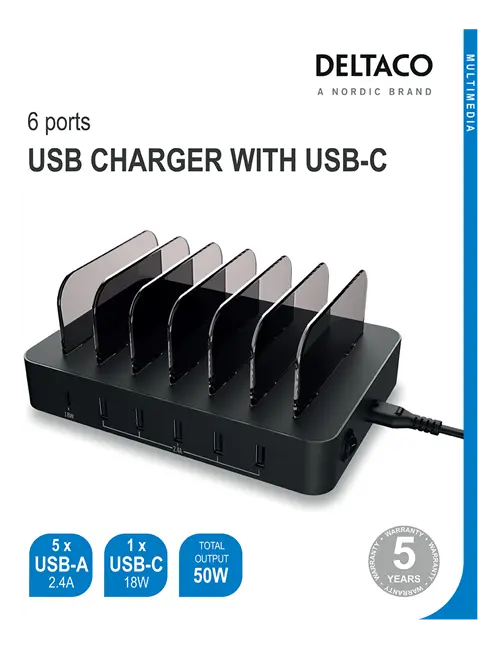 Deltaco laddstation med 5 USB-A och 1 USB-C PD, 50 W, svart, bild 4