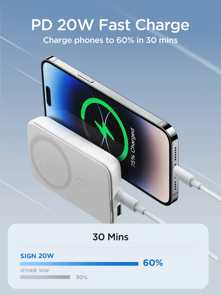 SiGN magnetisk trådlös powerbank 10000 mAh, USB-C och USB-A, vit, bild 4