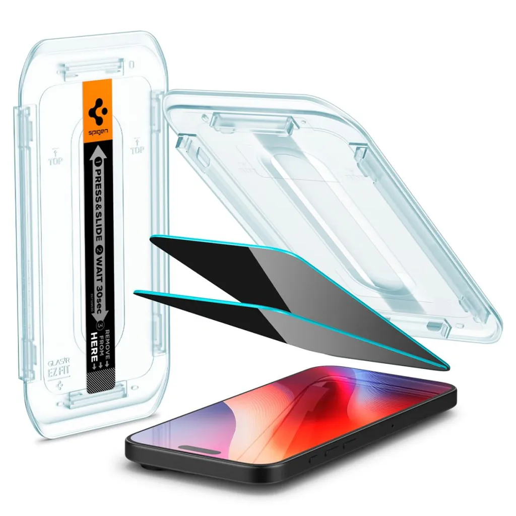 Spigen Glas.tR EZ Fit skärmskydd med insynsskydd till iPhone 16 Pro, 17 och 17 Pro, 2-pack, bild 4