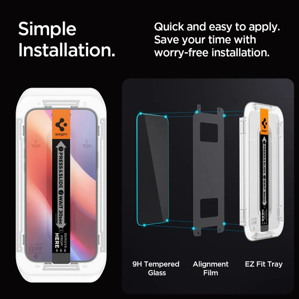 Spigen Glas.tR EZ Fit skärmskydd med insynsskydd till iPhone 16 Pro, 17 och 17 Pro, 2-pack, bild 5