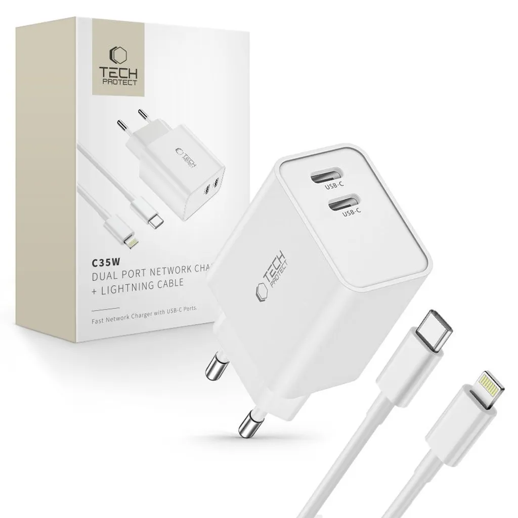 Tech-Protect C35W USB-C laddare 35 W med 2 uttag och Lightning-kabel, vit