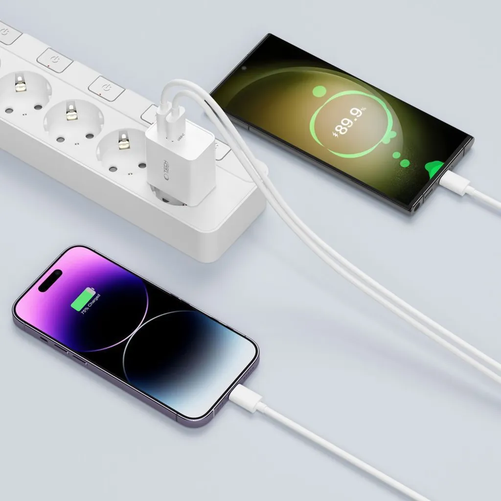 Tech-Protect C35W USB-C laddare 35 W med 2 uttag och Lightning-kabel, vit, bild 2