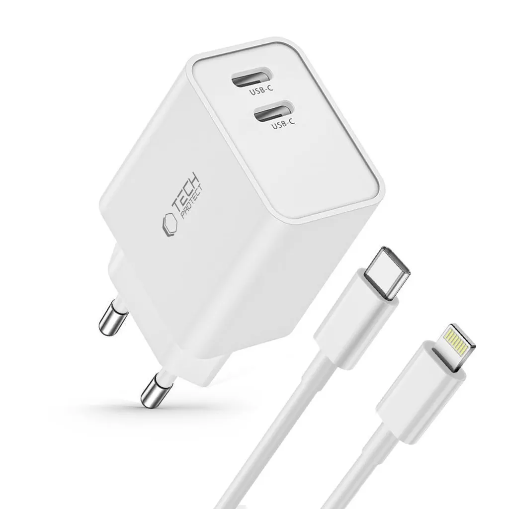 Tech-Protect C35W USB-C laddare 35 W med 2 uttag och Lightning-kabel, vit, bild 3