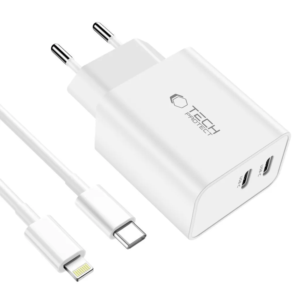 Tech-Protect C35W USB-C laddare 35 W med 2 uttag och Lightning-kabel, vit, bild 4