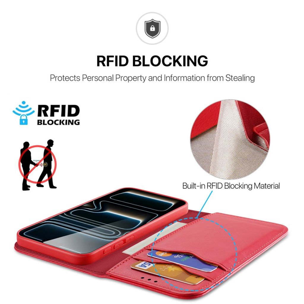 iPhone 18 Pro Max plånboksfodral i äkta läder med RFID-skydd, röd, bild 3