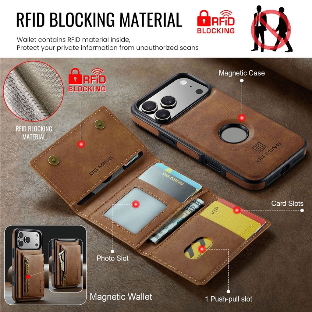 iPhone 18 Pro/17 Pro 2-i-1-skal med avtagbar plånbok och RFID-skydd, brun, bild 2