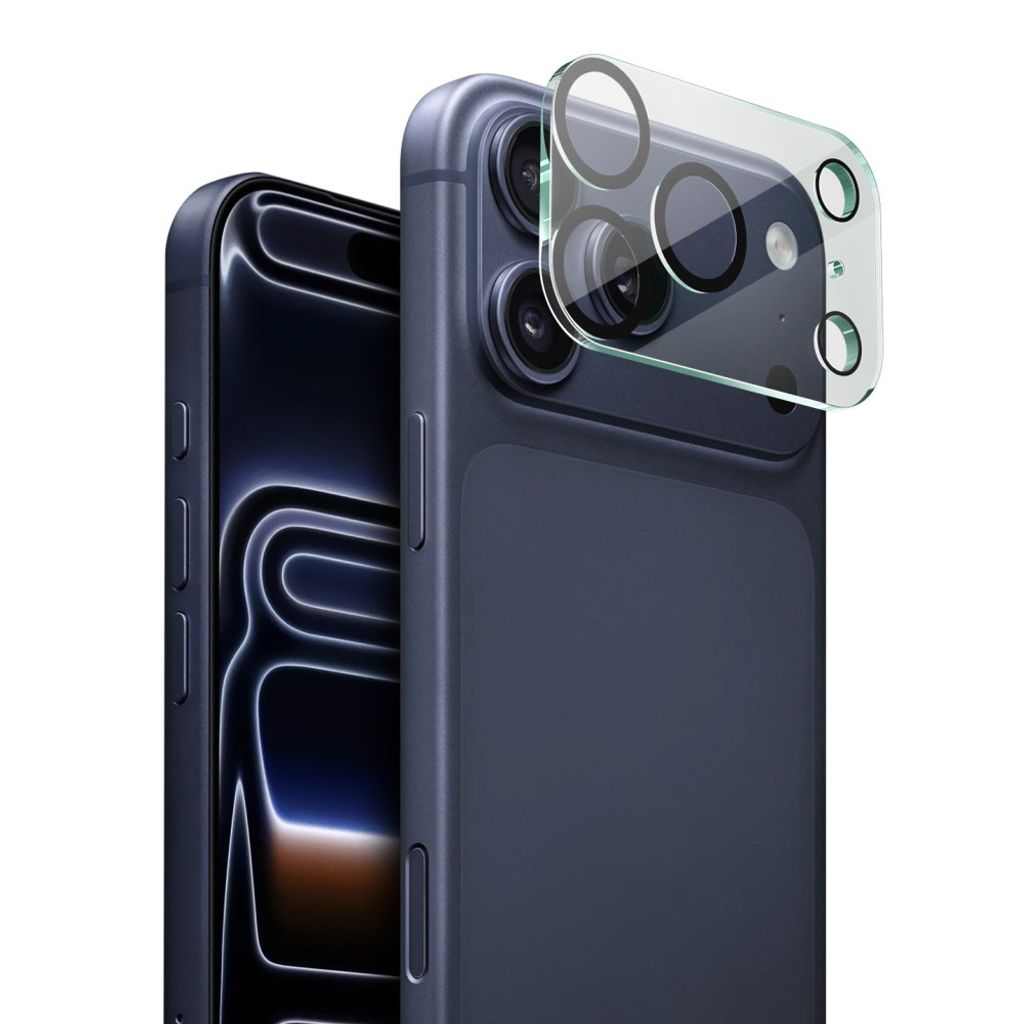 iPhone 18 Pro kameralinsskydd i glas med svart ram, transparent