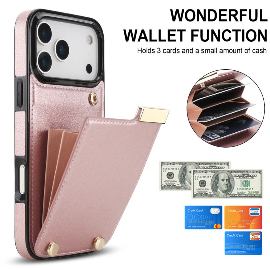 iPhone 18 Pro/17 Pro skal med plånbok för tre kort och sedlar, roséguld, bild 6