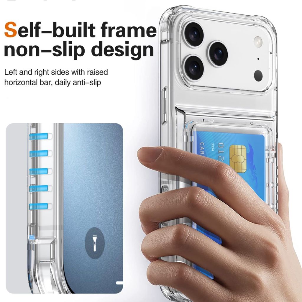 iPhone 18 Pro/17 Pro genomskinligt skal med uppfällbart kortfack och stöd, svart ram, bild 10