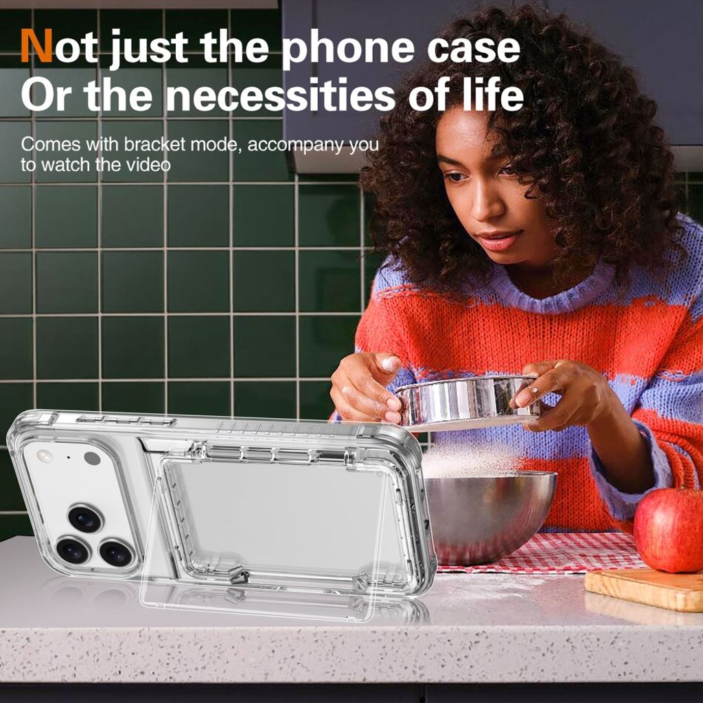 iPhone 18 Pro/17 Pro genomskinligt skal med uppfällbart kortfack och stöd, svart ram, bild 11