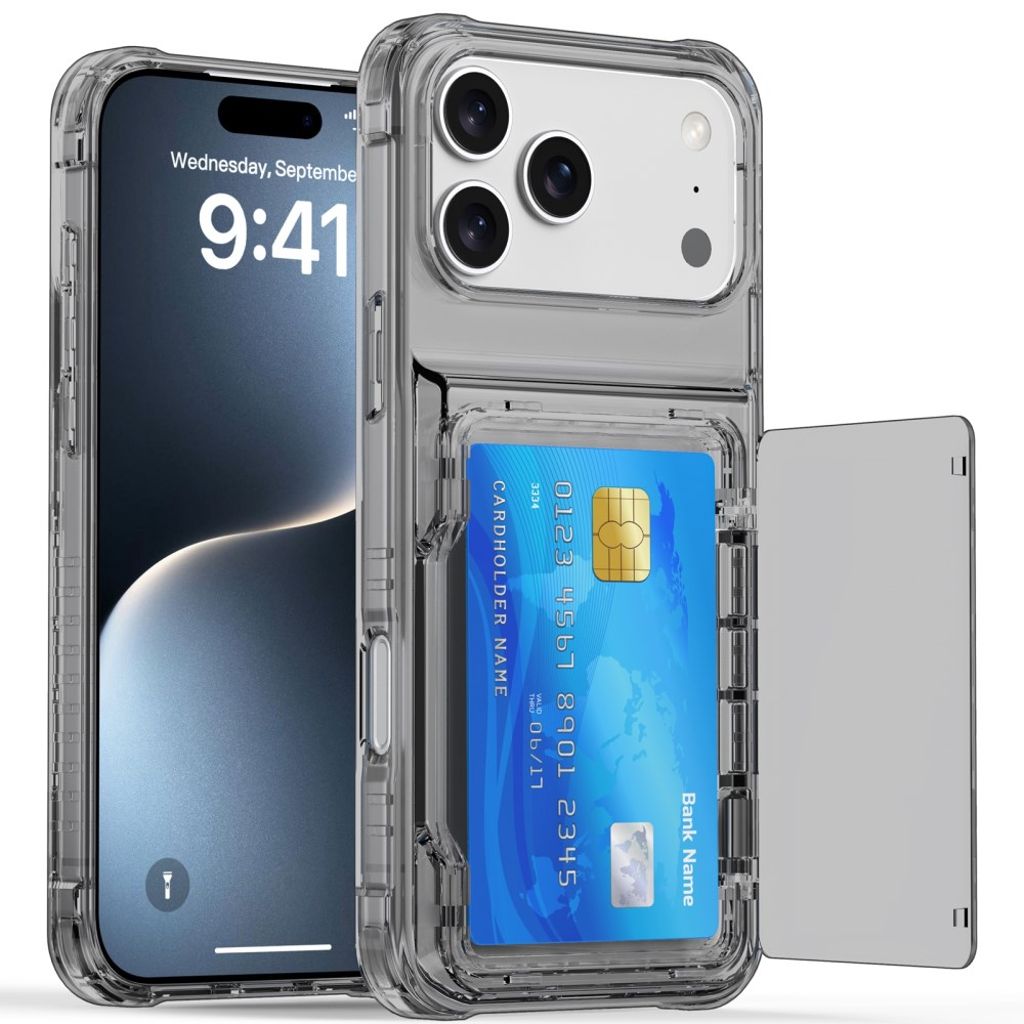 iPhone 18 Pro/17 Pro genomskinligt skal med uppfällbart kortfack och stöd, svart ram, bild 2