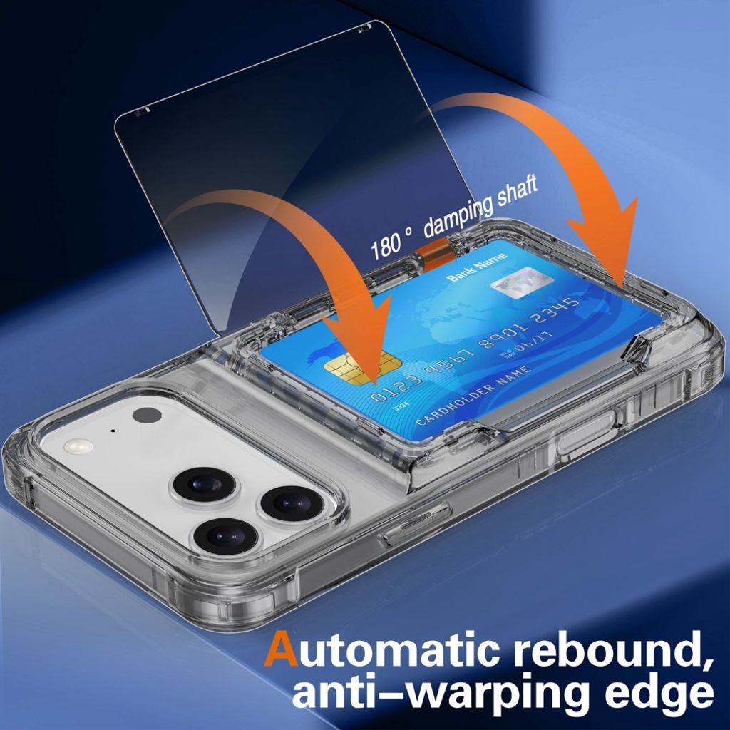 iPhone 18 Pro/17 Pro genomskinligt skal med uppfällbart kortfack och stöd, svart ram, bild 3