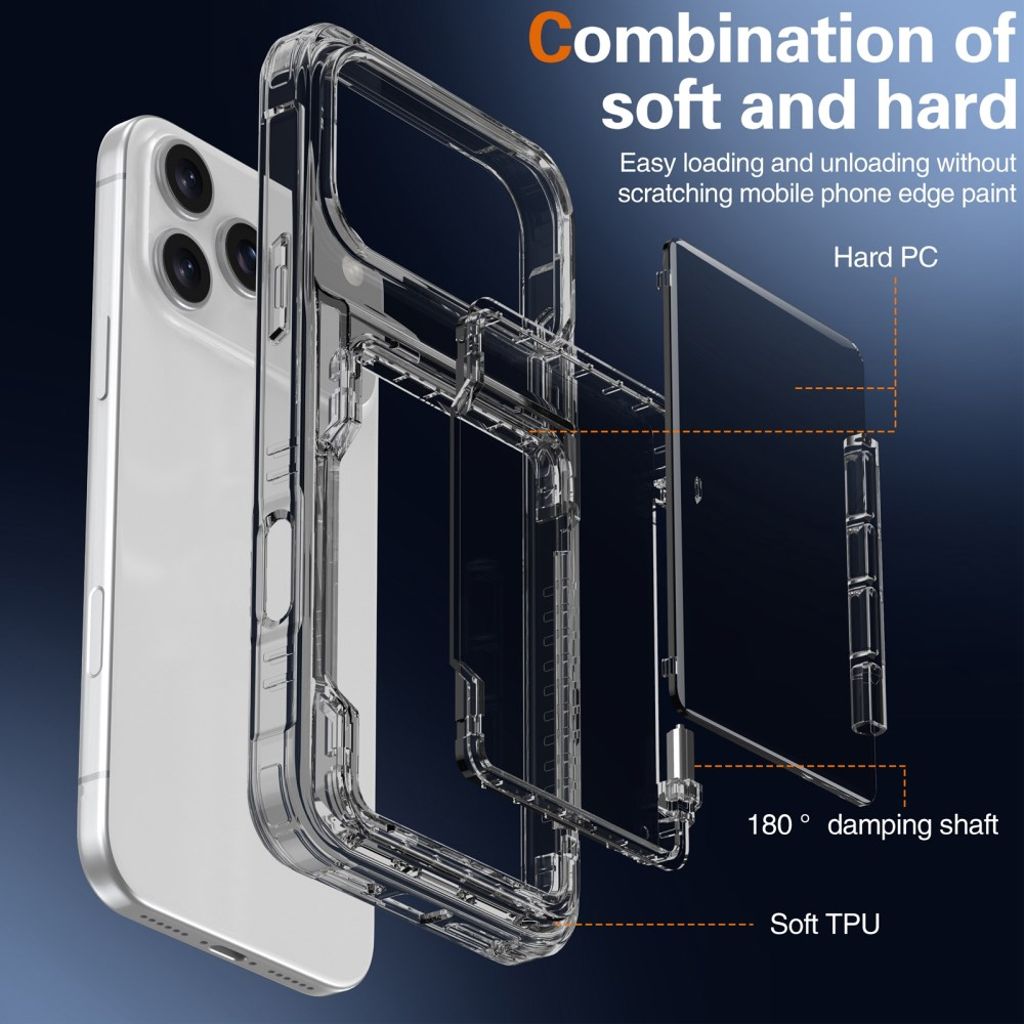 iPhone 18 Pro/17 Pro genomskinligt skal med uppfällbart kortfack och stöd, svart ram, bild 4