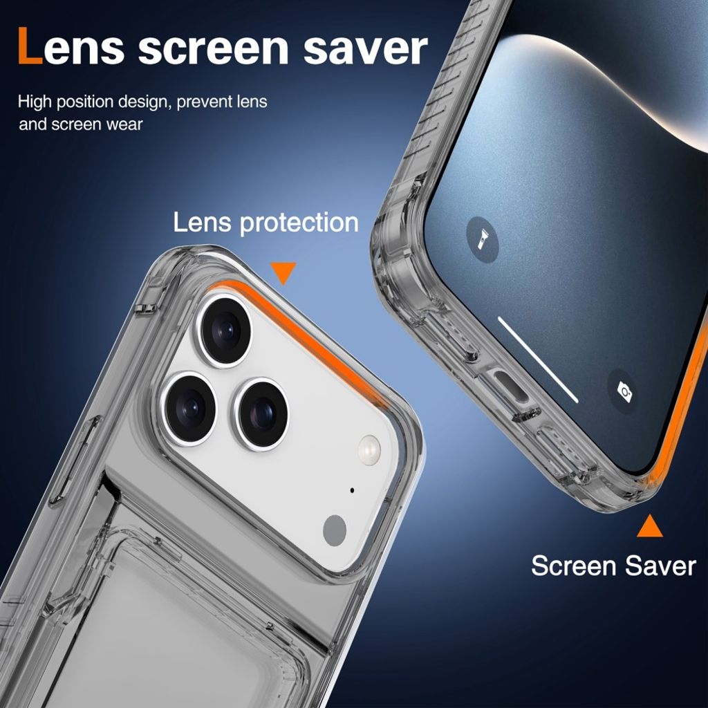 iPhone 18 Pro/17 Pro genomskinligt skal med uppfällbart kortfack och stöd, svart ram, bild 5