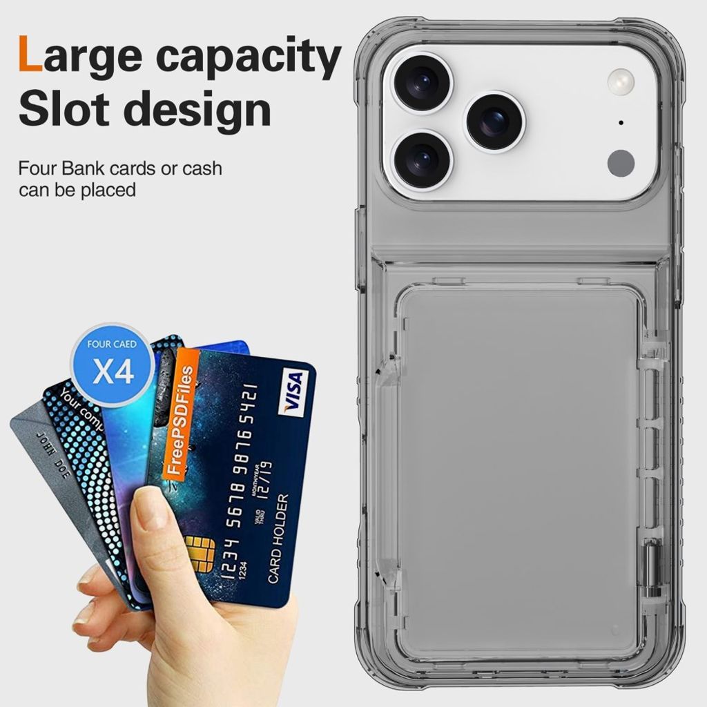 iPhone 18 Pro/17 Pro genomskinligt skal med uppfällbart kortfack och stöd, svart ram, bild 6