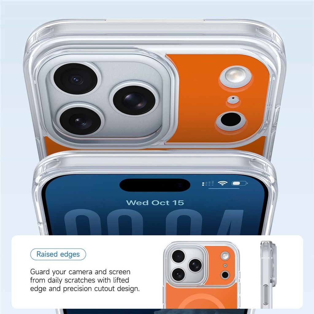 iPhone 18 Pro/17 Pro MagSafe-skal med klar akrylbaksida och metallram runt kameran, orange, bild 2