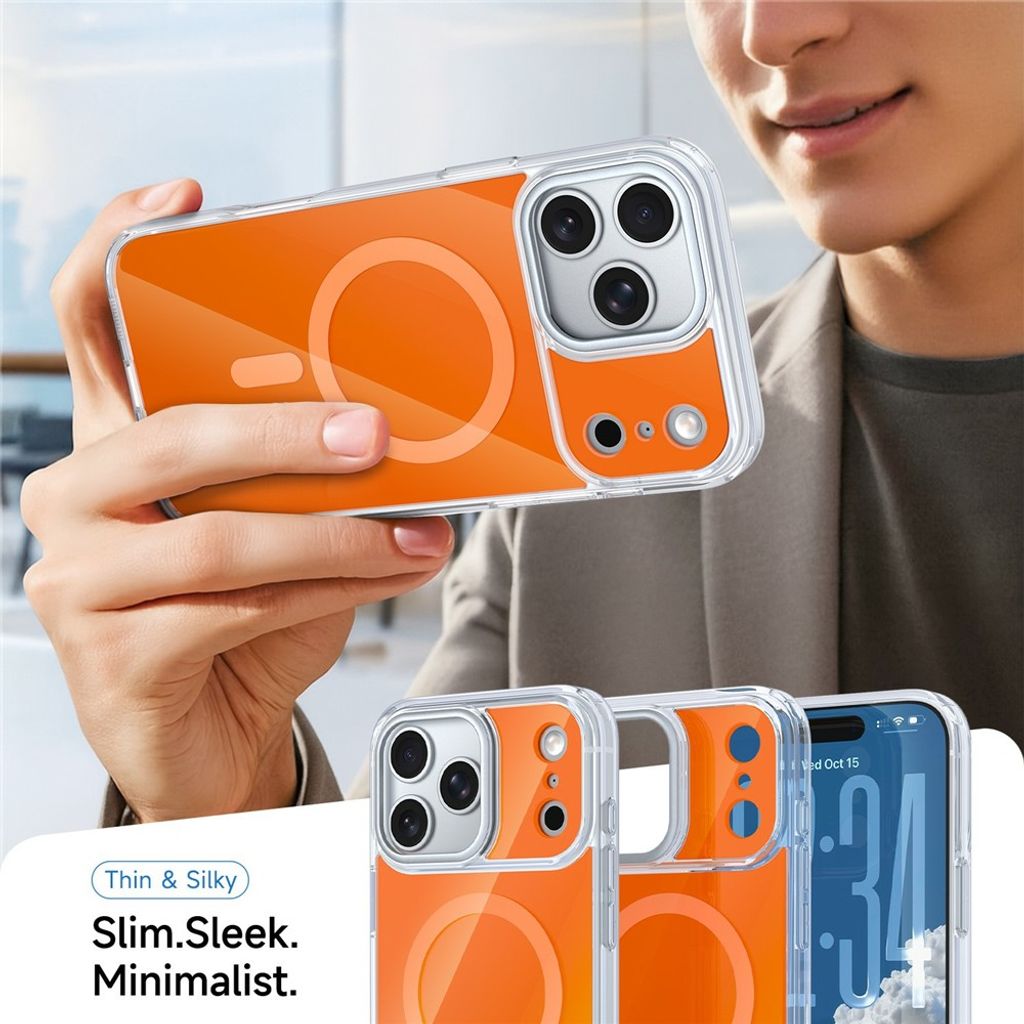 iPhone 18 Pro/17 Pro MagSafe-skal med klar akrylbaksida och metallram runt kameran, orange, bild 3