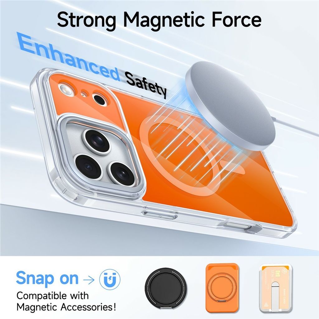 iPhone 18 Pro/17 Pro MagSafe-skal med klar akrylbaksida och metallram runt kameran, orange, bild 4
