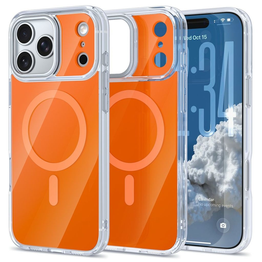 iPhone 18 Pro/17 Pro MagSafe-skal med klar akrylbaksida och metallram runt kameran, orange, bild 5