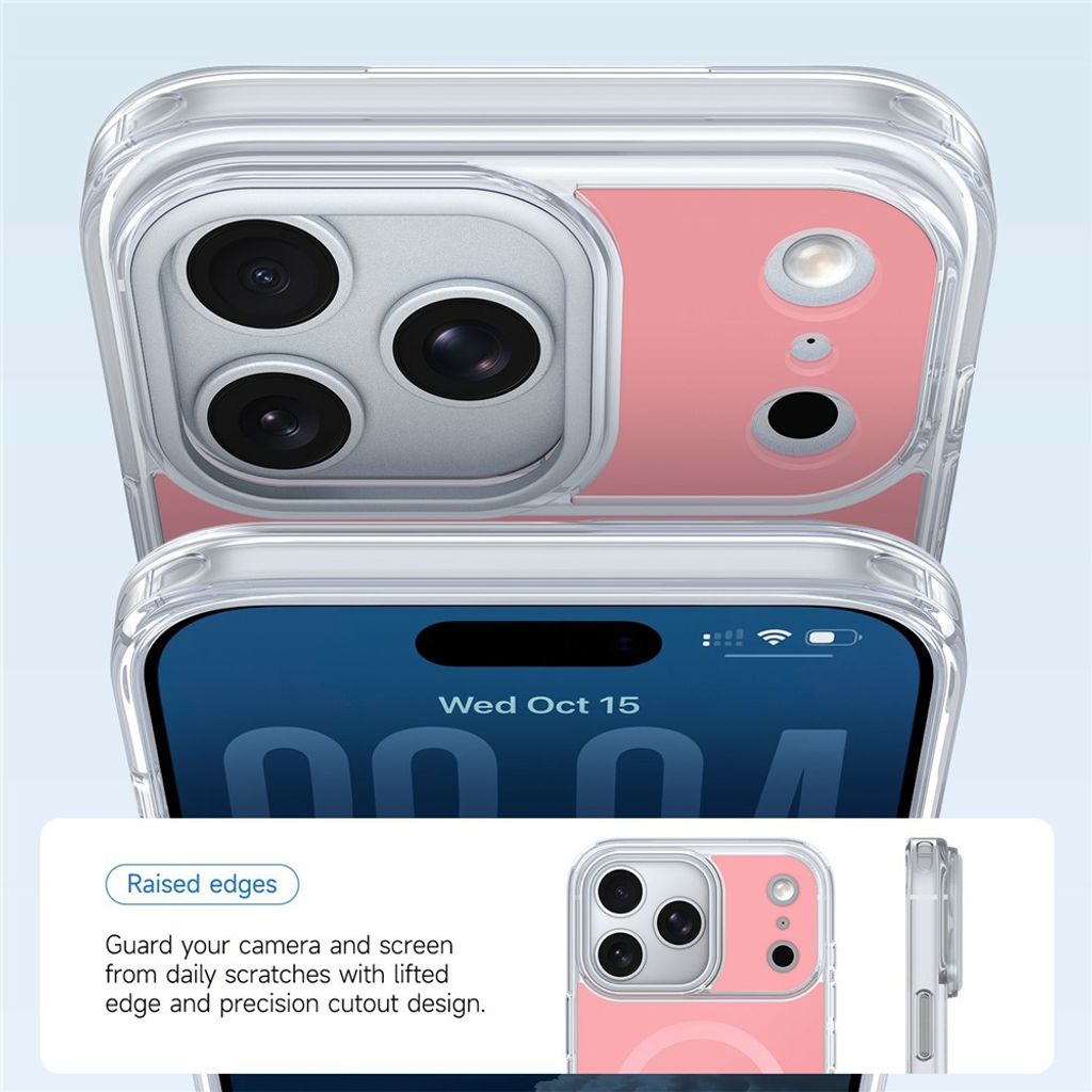 iPhone 18 Pro/17 Pro MagSafe-skal med klar akrylbaksida och metallram runt kameran, rosa, bild 2