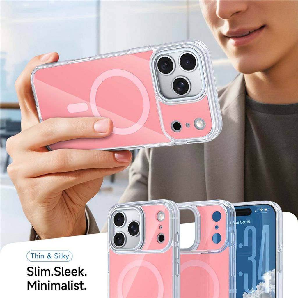 iPhone 18 Pro/17 Pro MagSafe-skal med klar akrylbaksida och metallram runt kameran, rosa, bild 3