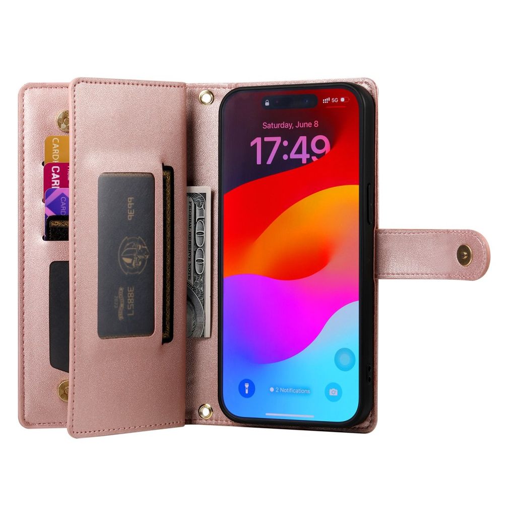 Roséguld plånboksfodral med dragkedja och axelrem till iPhone 18 Pro/17 Pro, bild 2