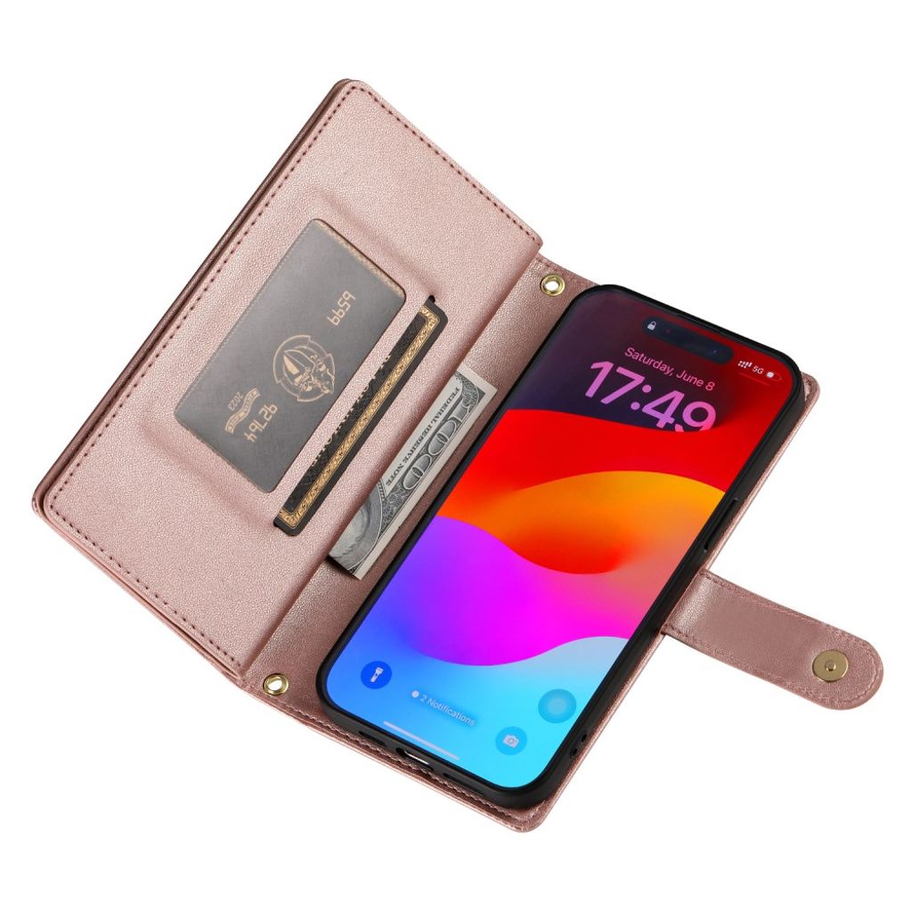 Roséguld plånboksfodral med dragkedja och axelrem till iPhone 18 Pro/17 Pro, bild 3