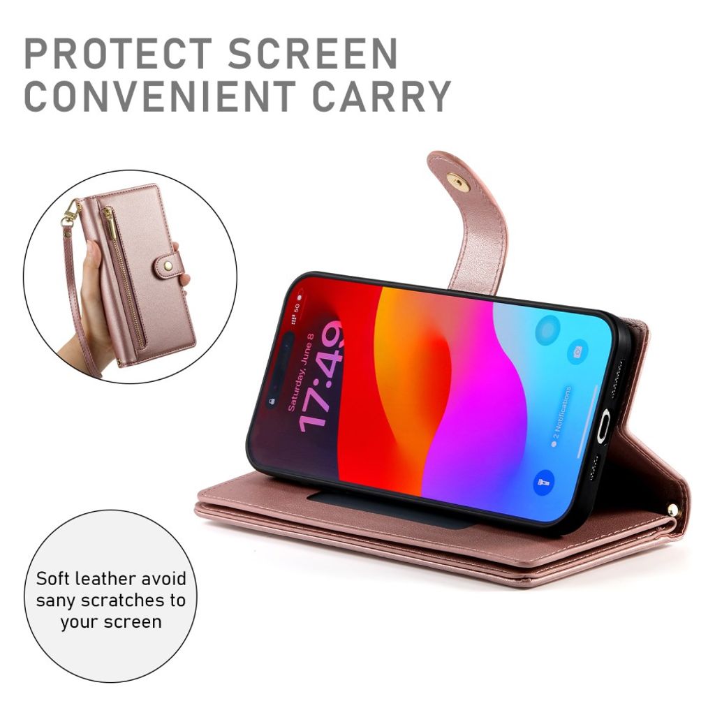 Roséguld plånboksfodral med dragkedja och axelrem till iPhone 18 Pro/17 Pro, bild 4