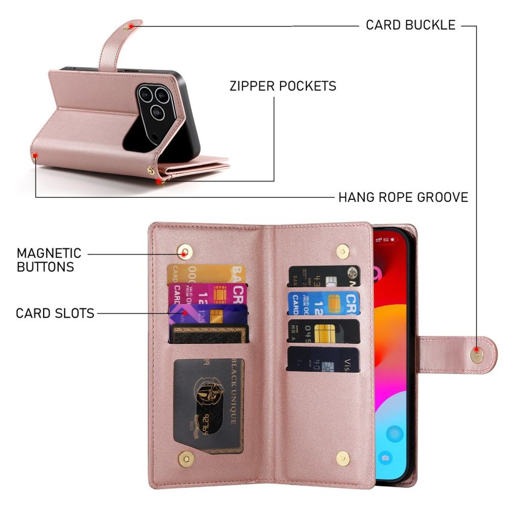 Roséguld plånboksfodral med dragkedja och axelrem till iPhone 18 Pro/17 Pro, bild 5