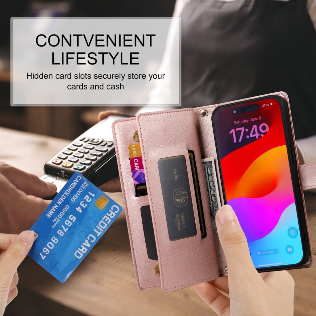 Roséguld plånboksfodral med dragkedja och axelrem till iPhone 18 Pro/17 Pro, bild 6