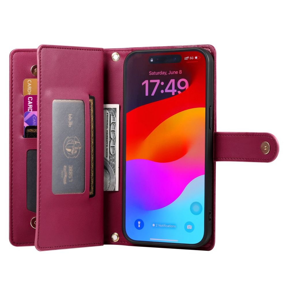 Vinrött plånboksfodral med dragkedja och axelrem till iPhone 18 Pro/17 Pro, bild 2