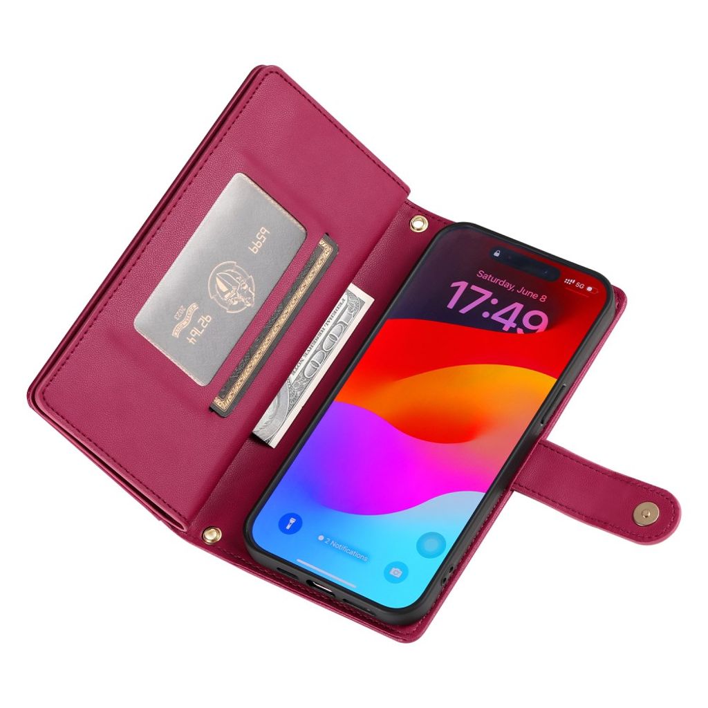 Vinrött plånboksfodral med dragkedja och axelrem till iPhone 18 Pro/17 Pro, bild 3