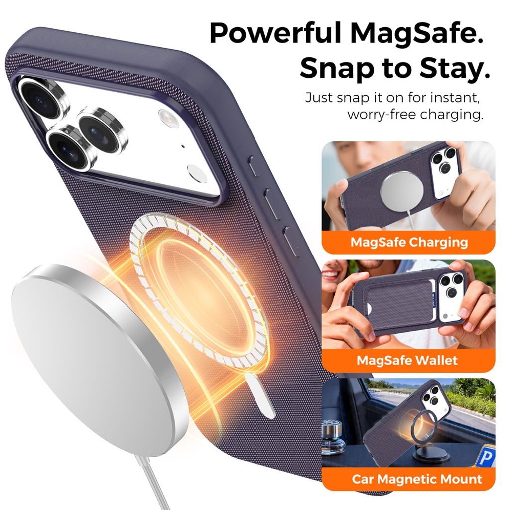 Lila MagSafe-skal i tygstruktur till iPhone 18 Pro, bild 3