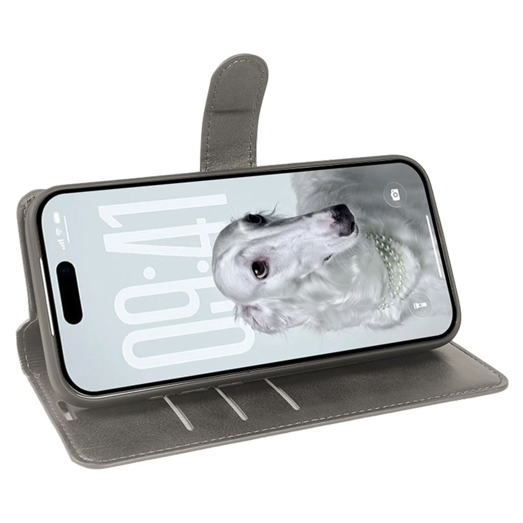 Plånboksfodral med ställ och magnetlås, grått, till iPhone 18 Pro och 17 Pro, bild 2